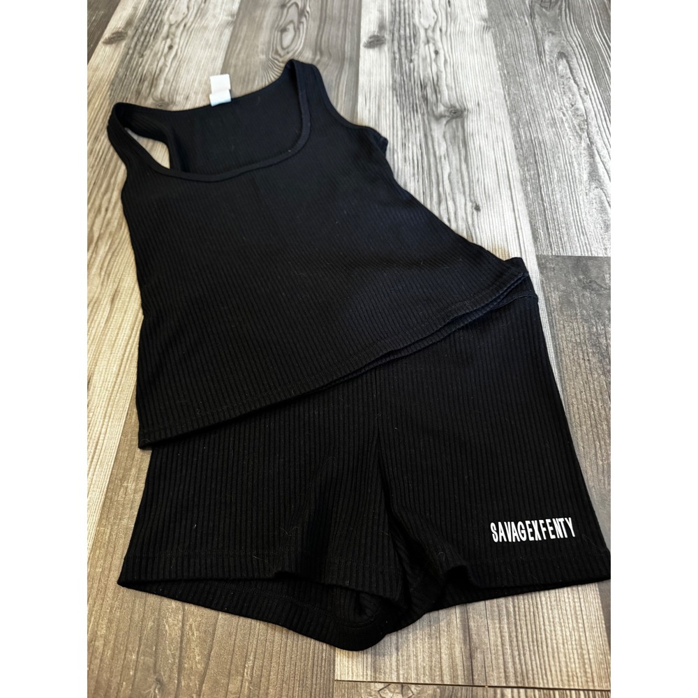 Savage X Fenty Womens Ribbed Tank and Shorts Lounge Set Black Small